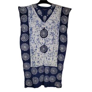 Japna Kaftan Maxi Dress O/S Navy Blue White Tie-Dye Geometric Boho Beach Coverup